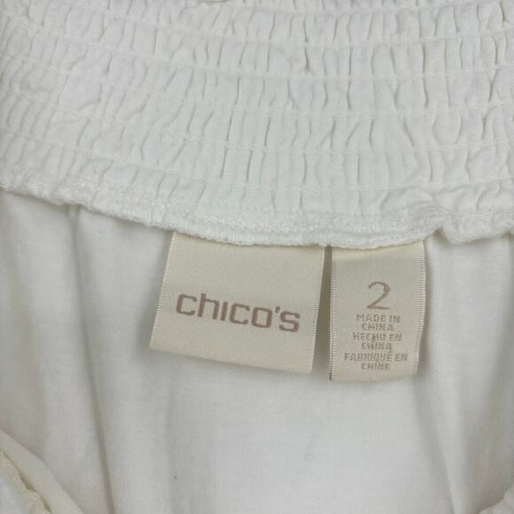 Chico's Stretch Knit Blouse Top Boat Neck Crochet Fringe Lace Trim White Size L - Picture 3 of 11